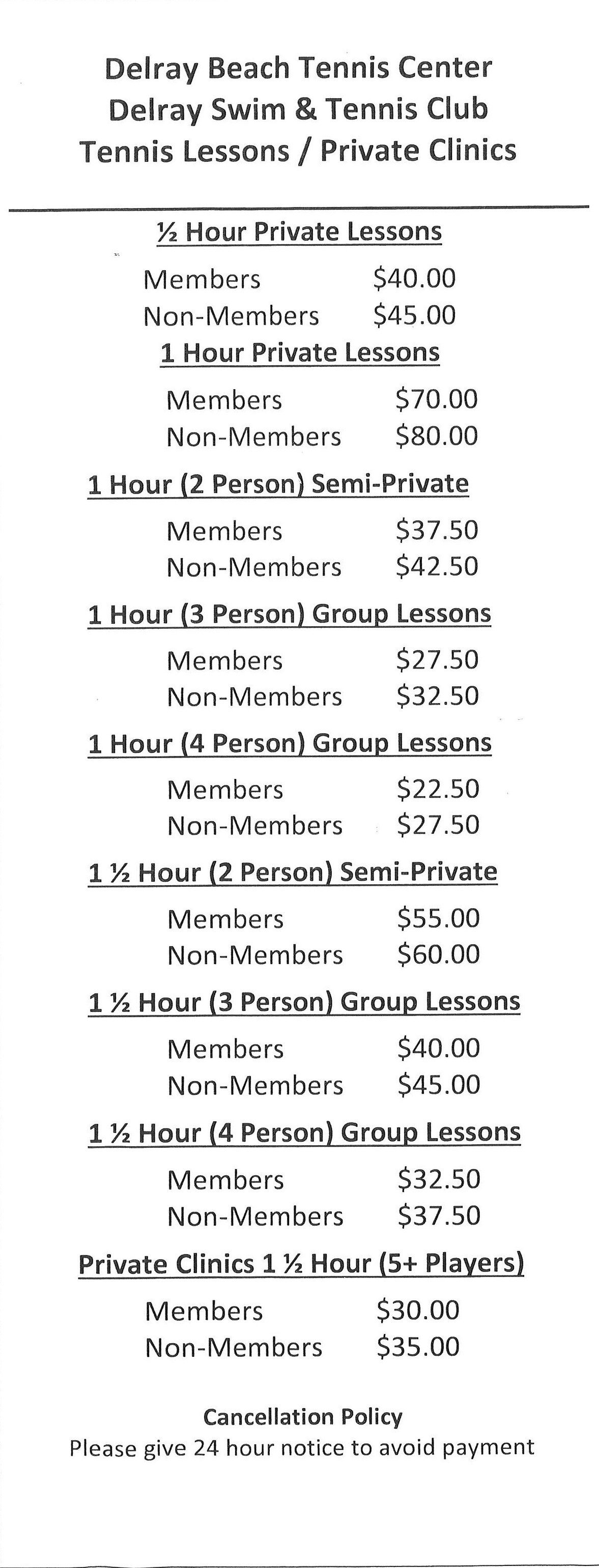 Lesson Prices Delray Beach Tennis Center