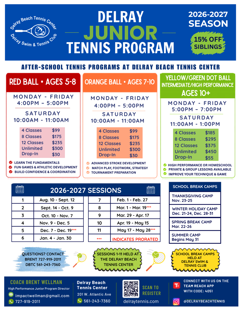 Delray Tennis Junior Program Schedule