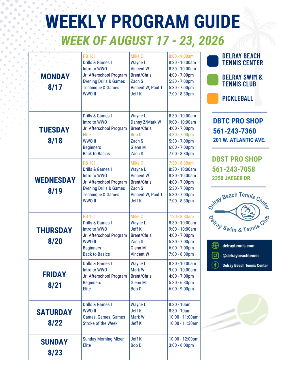 Tennis Program Schedule