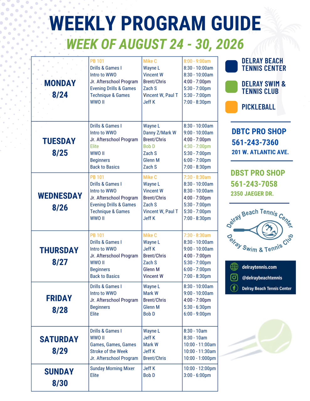 Tennis Program Schedule